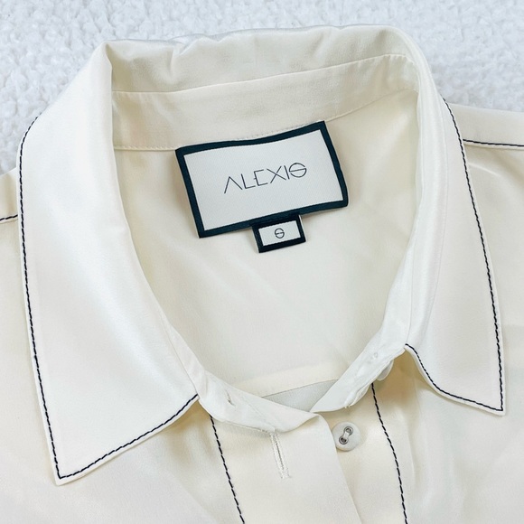 ALEXIS • 100% Silk White/Black Contrast Long Sleeve Button-Down Shirt, S - Picture 11 of 13